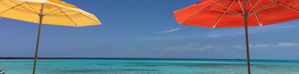 Colorful group of umbrellas nestled on the soft tropical sands of Castaway Cay